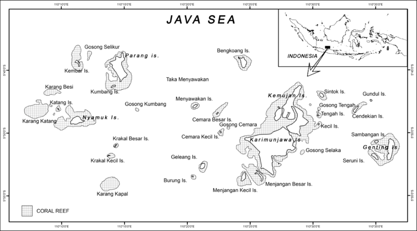Peta Kepulauan Karimunjawa dan area terumbu karangnya. (Sumber ResearchGate oleh Siham Afatta hasil modifikasi dari peta Wildlife Conservation Society)