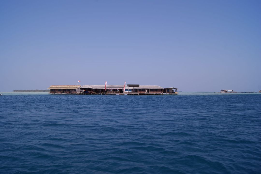 Wisma Apung—penginapan sekaligus tempat penangkaran hiu di lepas Pulau Menjangan Besar. (Sumber Wikimedia Commons oleh Midori)