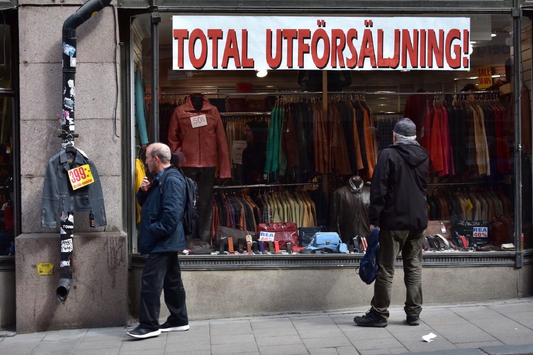 Toko jaket kulit di jalan Götgatan, Slussen.